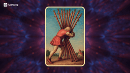 Ten of Wands tarot card showing a figure carrying a heavy bundle of ten wands