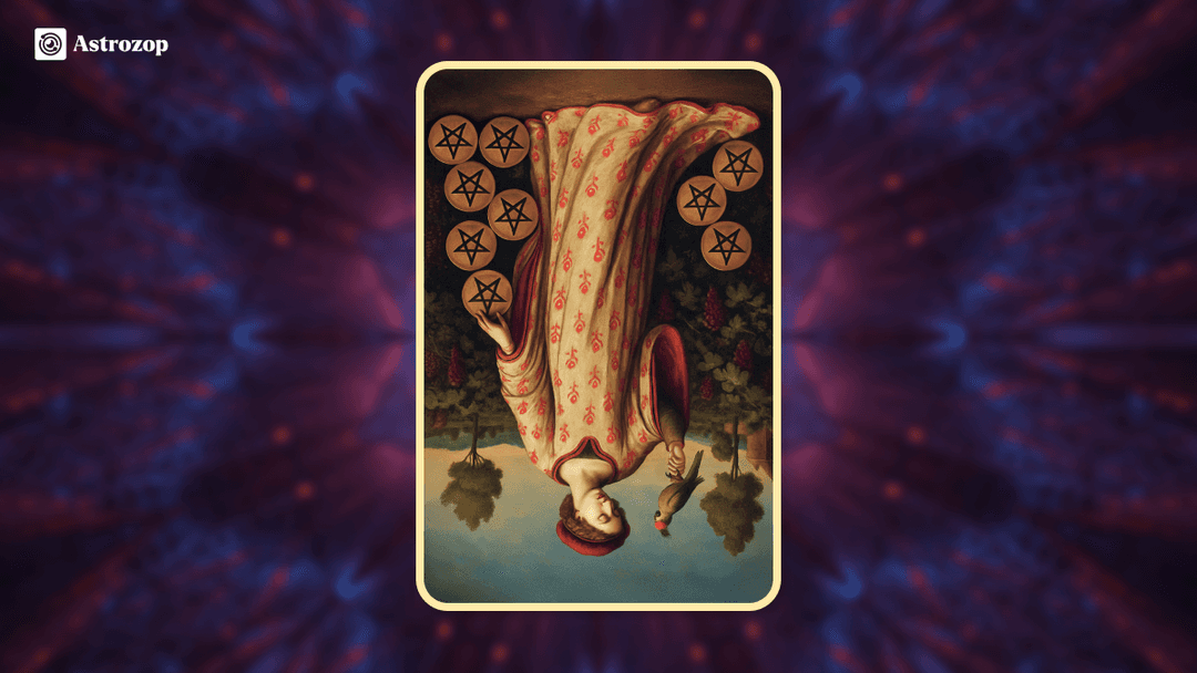 Reversed Nine of Pentacles tarot card showing a figure appearing uncertain or overly dependent