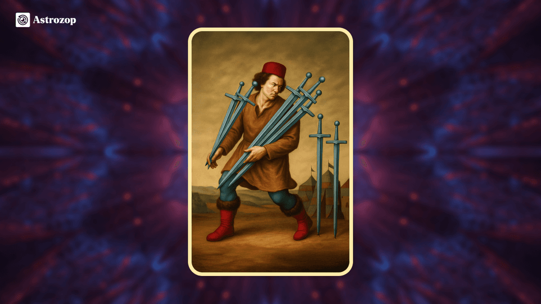 Seven of Swords tarot card showing a figure sneaking away with five swords